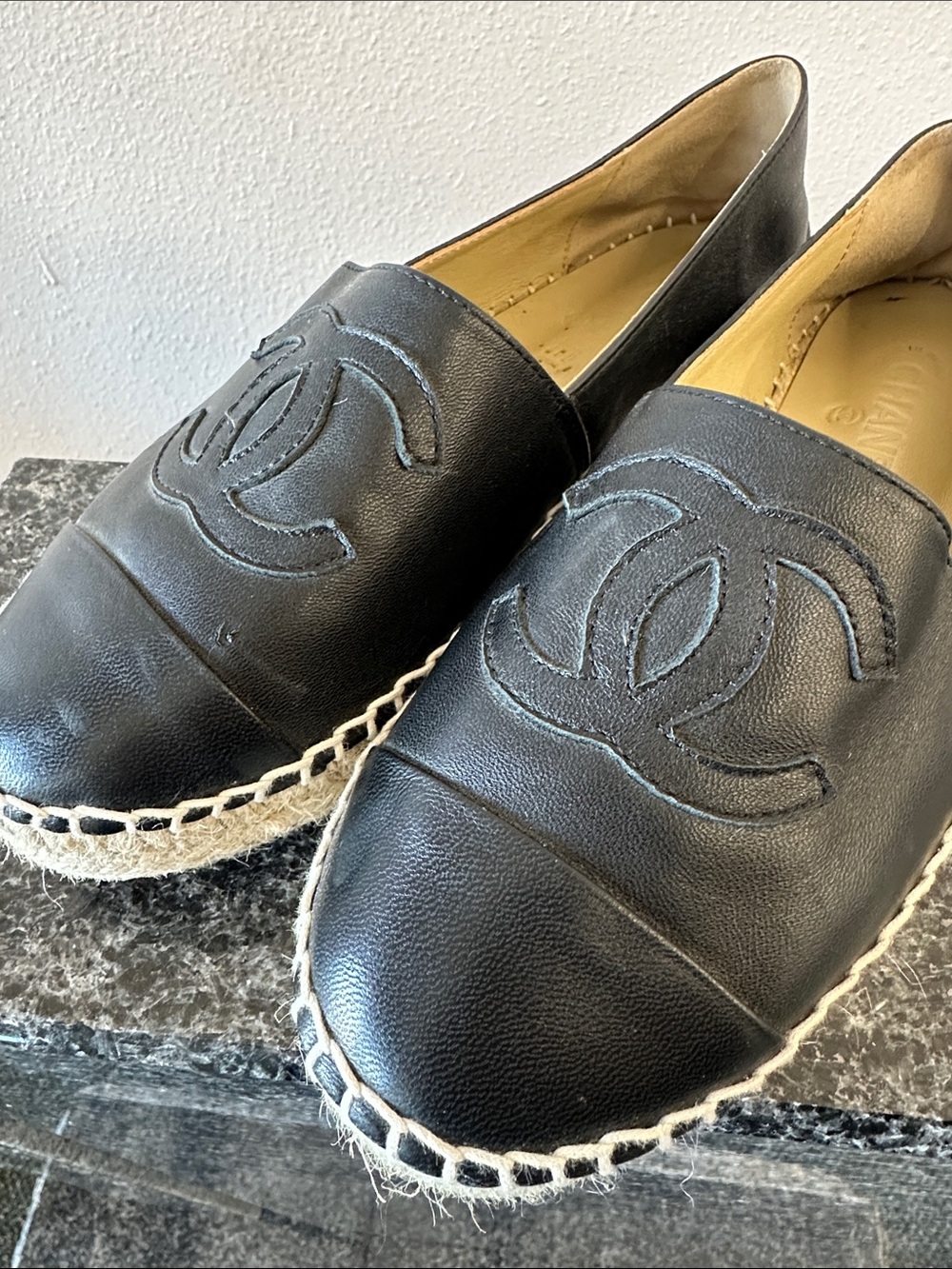 Chanel Black Leather Espadrille Flats designer shoes